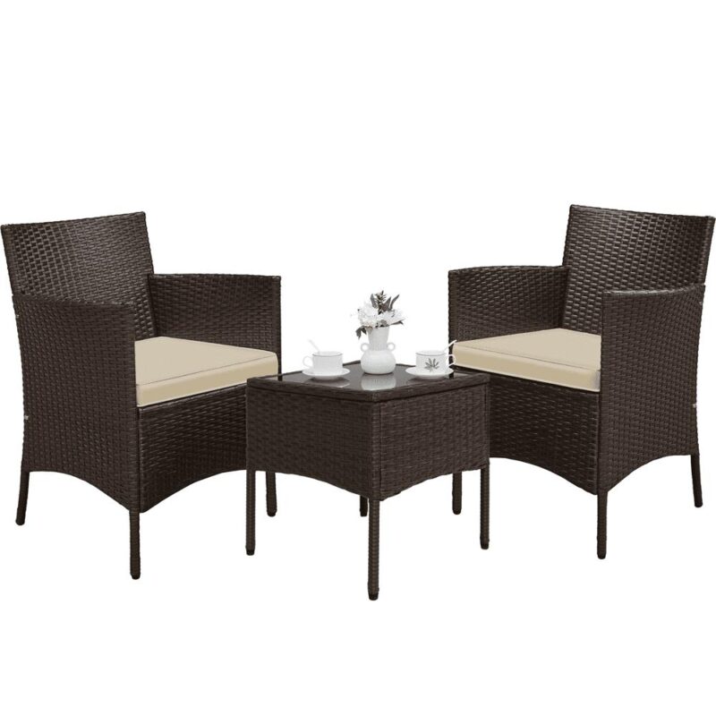 Alden Design 3 Pieces Patio Suit Rattan PE Wicker Chairs and Table for Bistro Backyard Porch Outdoor Garden, Brown