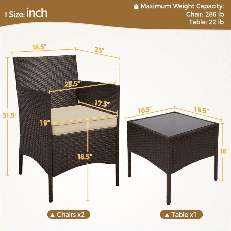 Alden Design 3 Pieces Patio Suit Rattan PE Wicker Chairs and Table for Bistro Backyard Porch Outdoor Garden, Brown - Image 8