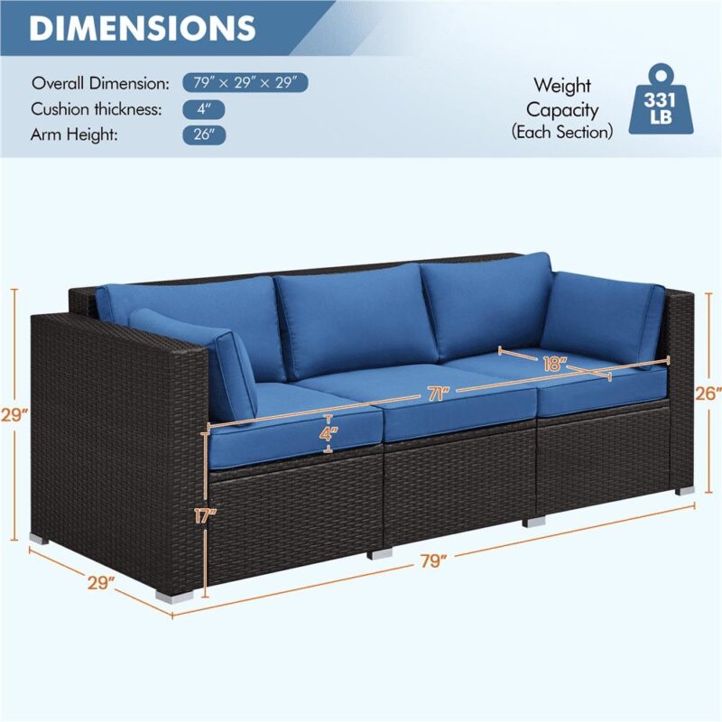 Alden Design 3-Seater Patio Resin Wicker Sofa with Throw Pillows for Yard, Brown/Dark Blue - Image 9