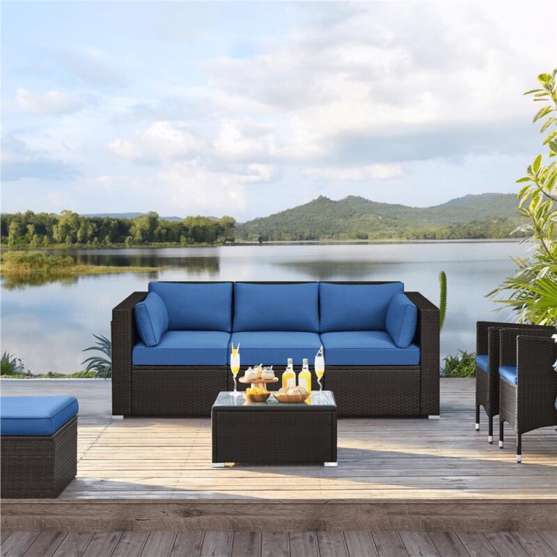 Alden Design 3-Seater Patio Resin Wicker Sofa with Throw Pillows for Yard, Brown/Dark Blue - Image 2