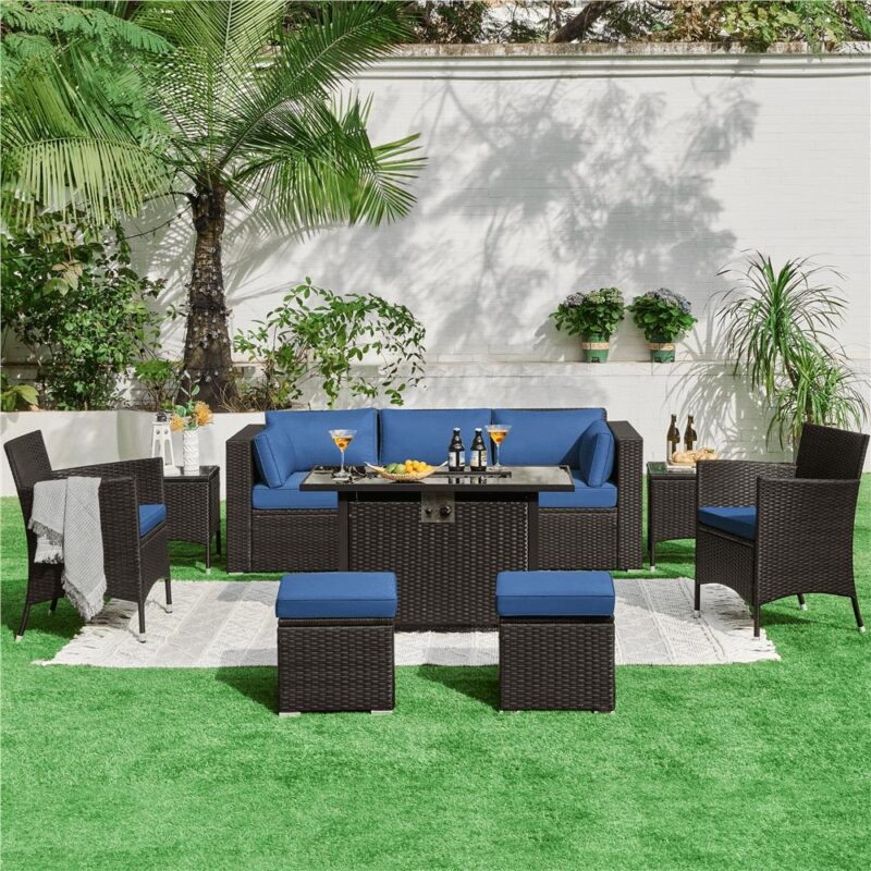 Alden Design 3-Seater Patio Resin Wicker Sofa with Throw Pillows for Yard, Brown/Dark Blue - Image 3