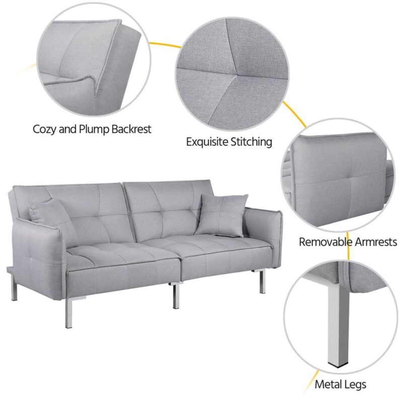 Alden Design Fabric Covered Futon Sofa Bed with Adjustable Backrest, Gray - Image 9