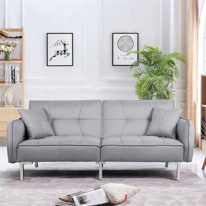 Alden Design Fabric Covered Futon Sofa Bed with Adjustable Backrest, Gray - Image 5