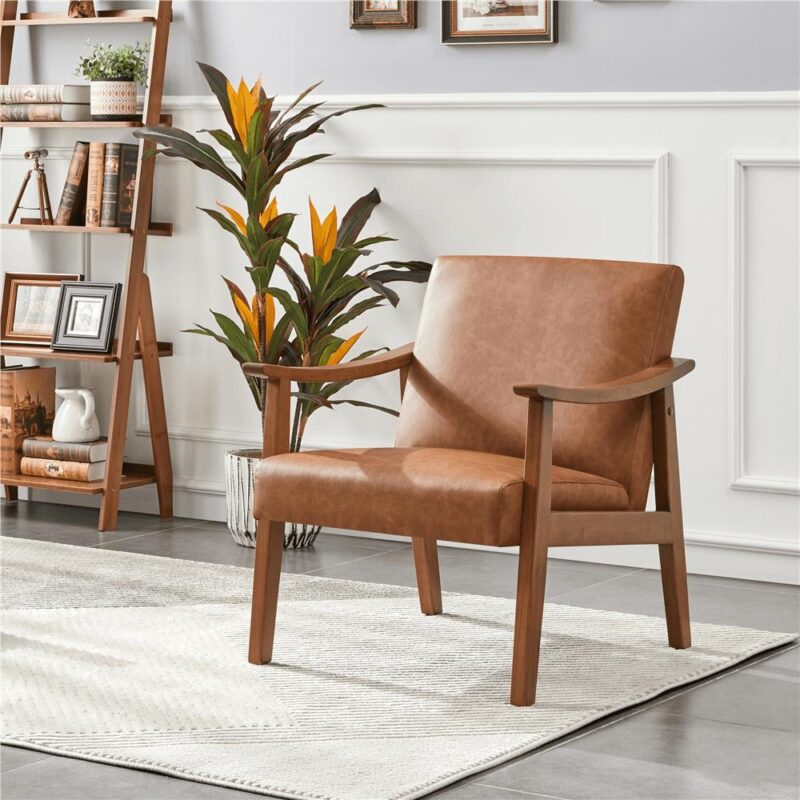 Alden Design Mid-Century Modern Accent Chair with Wooden Frame, Light Brown Faux Leather - Image 3