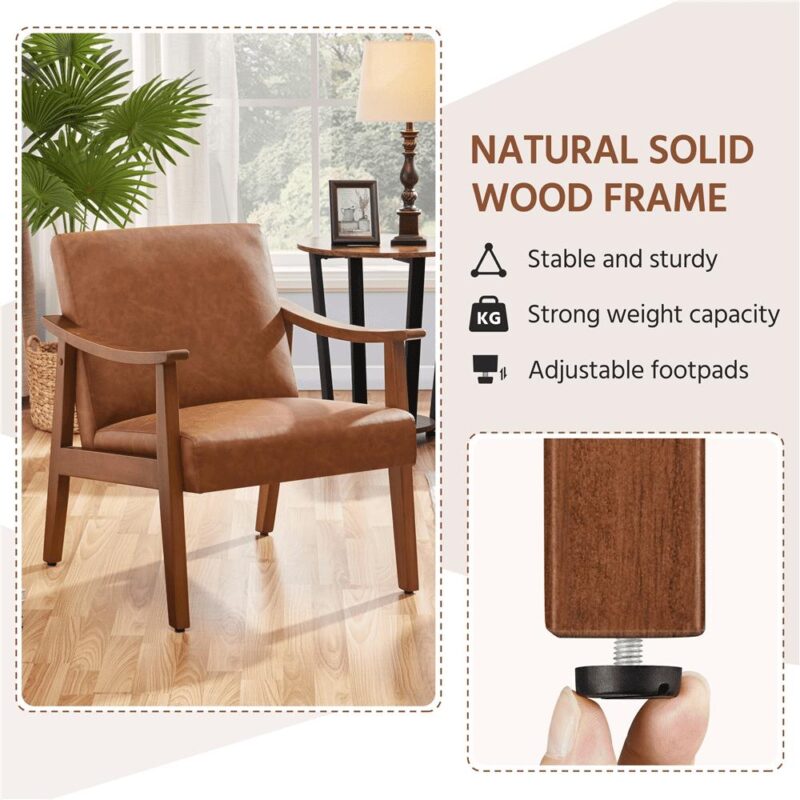 Alden Design Mid-Century Modern Accent Chair with Wooden Frame, Light Brown Faux Leather - Image 6