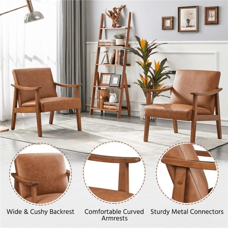 Alden Design Mid-Century Modern Accent Chair with Wooden Frame, Light Brown Faux Leather - Image 7