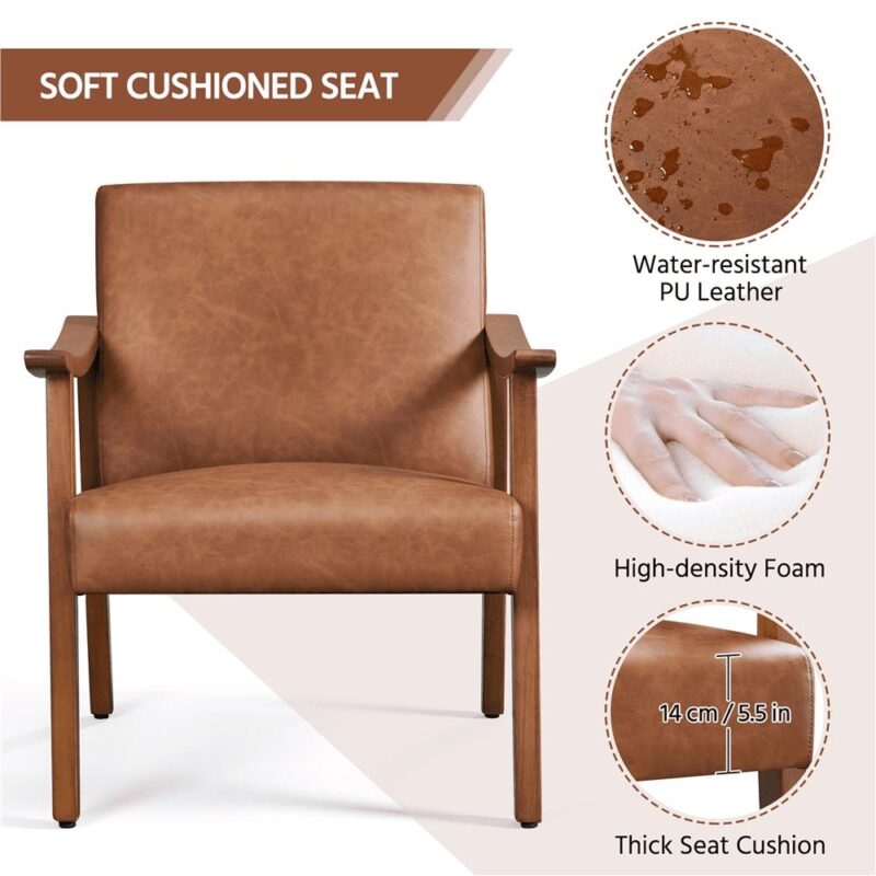 Alden Design Mid-Century Modern Accent Chair with Wooden Frame, Light Brown Faux Leather - Image 5