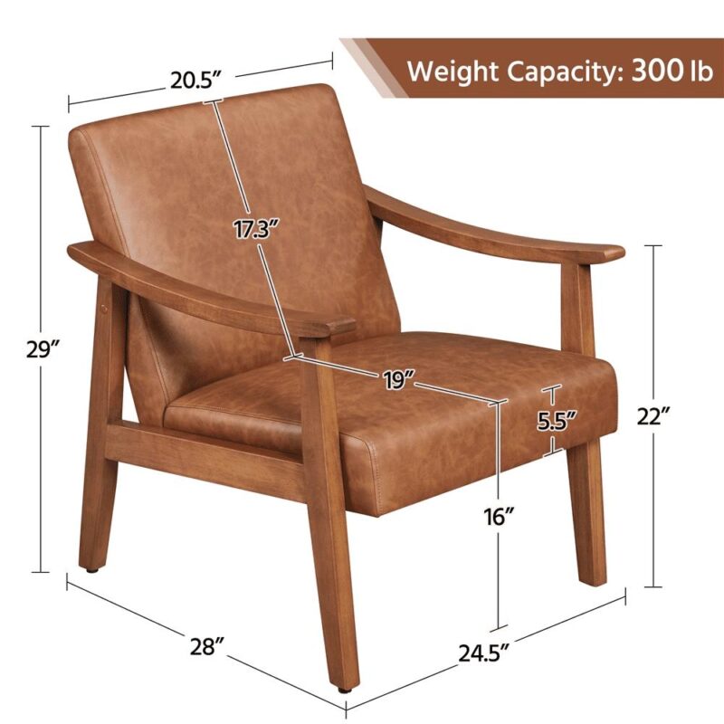 Alden Design Mid-Century Modern Accent Chair with Wooden Frame, Light Brown Faux Leather - Image 4