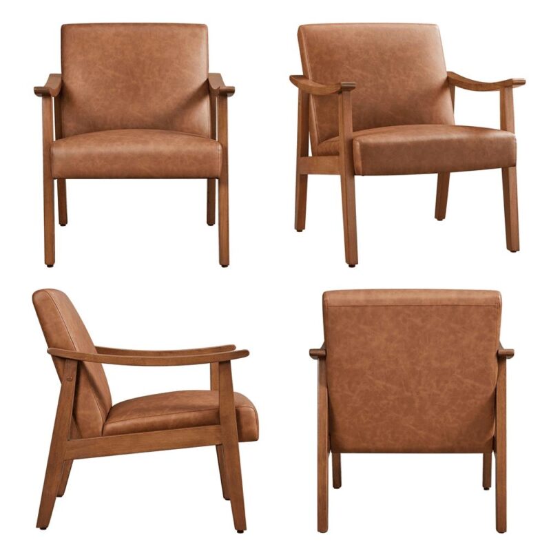 Alden Design Mid-Century Modern Accent Chair with Wooden Frame, Light Brown Faux Leather - Image 8