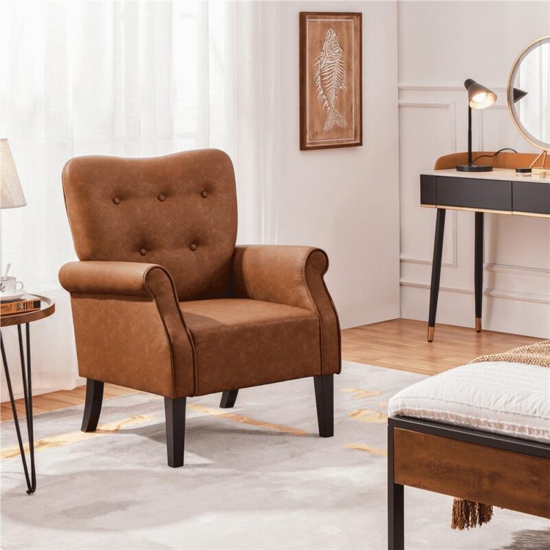 Alden Design Mid-century Faux Leather Accent Chair with Tufted High Back for Living Room, Retro Brown - Image 2