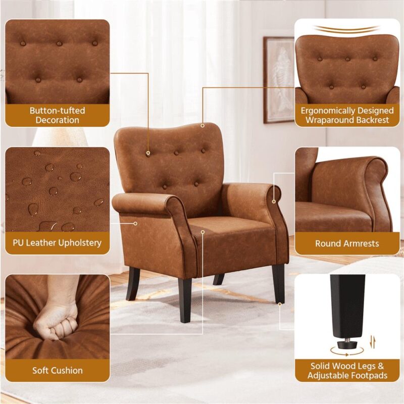 Alden Design Mid-century Faux Leather Accent Chair with Tufted High Back for Living Room, Retro Brown - Image 5