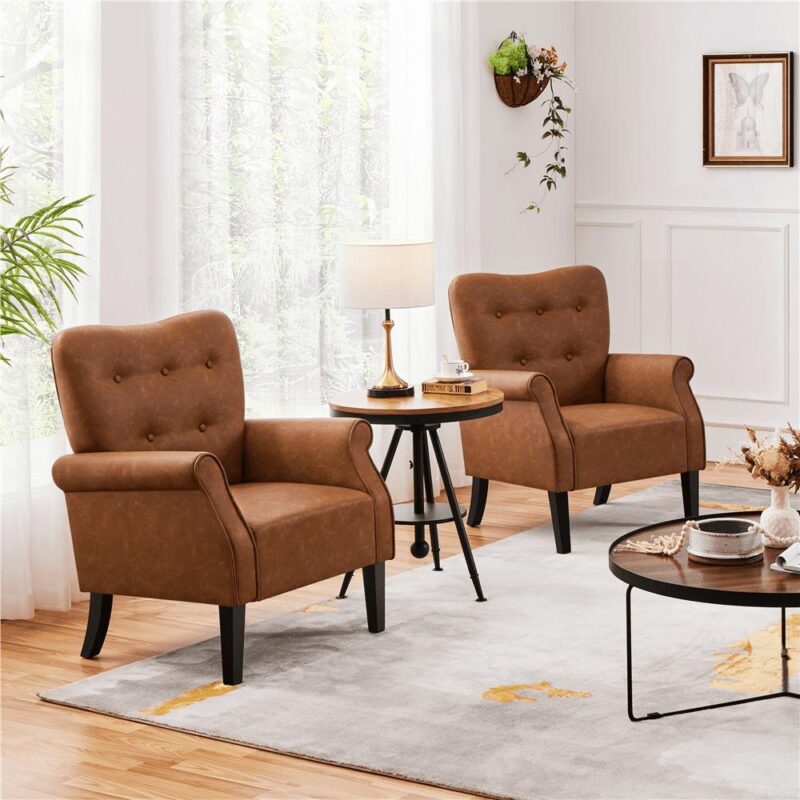 Alden Design Mid-century Faux Leather Accent Chair with Tufted High Back for Living Room, Retro Brown - Image 3