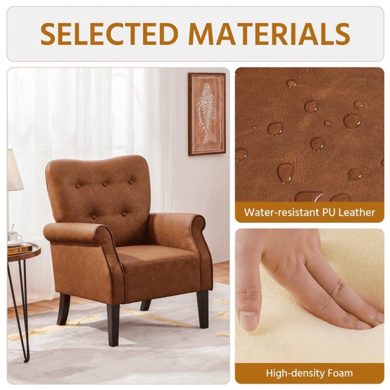 Alden Design Mid-century Faux Leather Accent Chair with Tufted High Back for Living Room, Retro Brown - Image 8