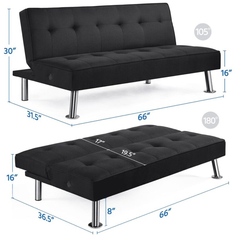 Alden Design Modern Fabric Convertible Futon with USB, Black - Image 3