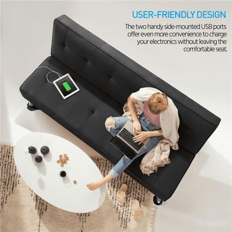 Alden Design Modern Fabric Convertible Futon with USB, Black - Image 10