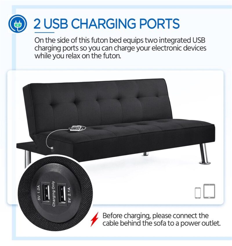 Alden Design Modern Fabric Convertible Futon with USB, Black - Image 7