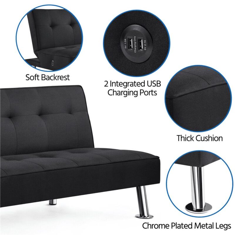 Alden Design Modern Fabric Convertible Futon with USB, Black - Image 6