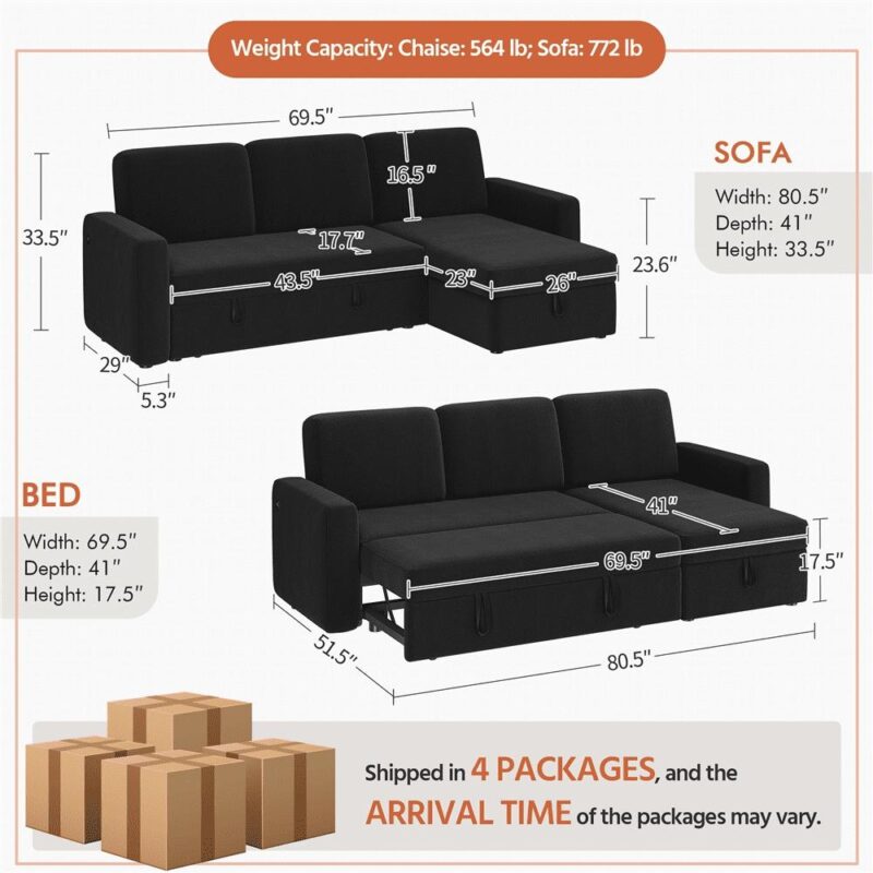 Alden Design Reversible Sectional Sofa with USB and Type-C Ports for Livingroom, Black - Image 6
