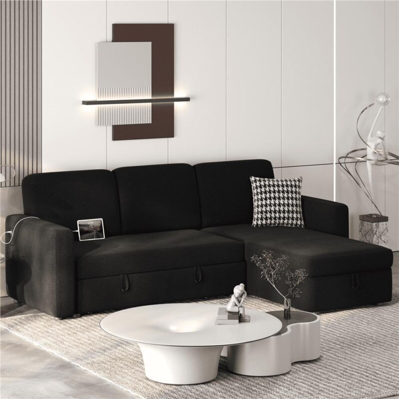 Alden Design Reversible Sectional Sofa with USB and Type-C Ports for Livingroom, Black - Image 2