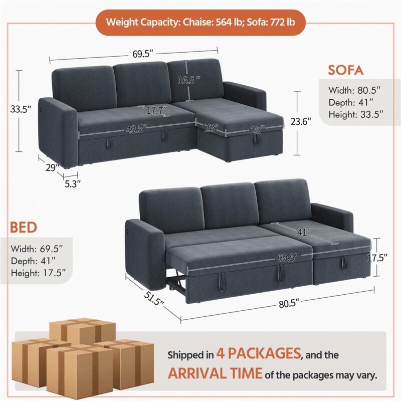 Alden Design Reversible Sectional Sofa with USB and Type-C Ports for Livingroom, Dark Gray - Image 5