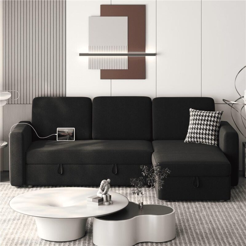 Alden Design Reversible Sectional Sofa with USB and Type-C Ports for Livingroom, Black - Image 3