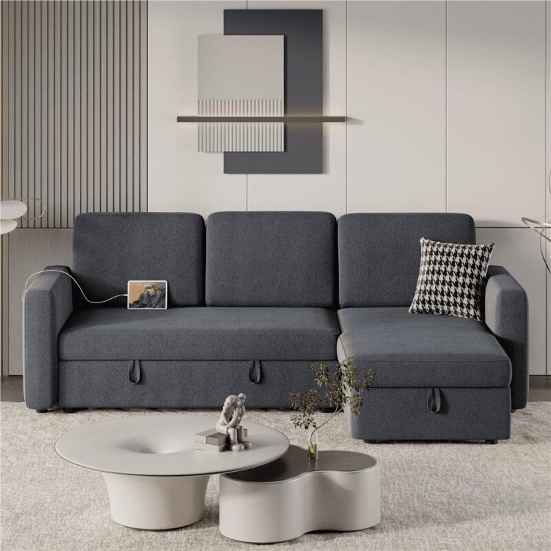 Alden Design Reversible Sectional Sofa with USB and Type-C Ports for Livingroom, Dark Gray - Image 3