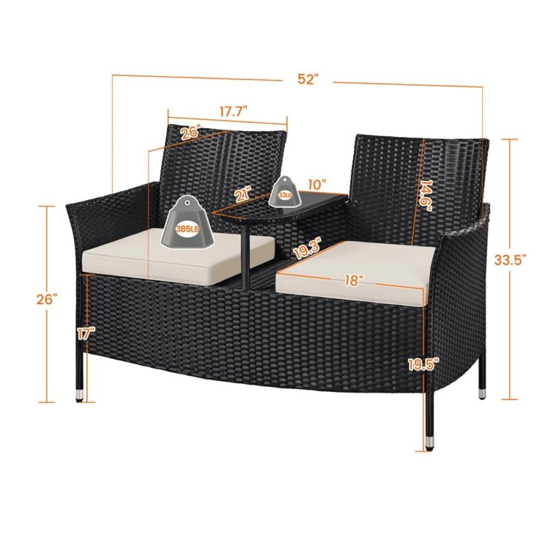 Alden Design Wicker Patio Conversation Furniture Double Chairs with Side Table for Garden, Black - Image 3