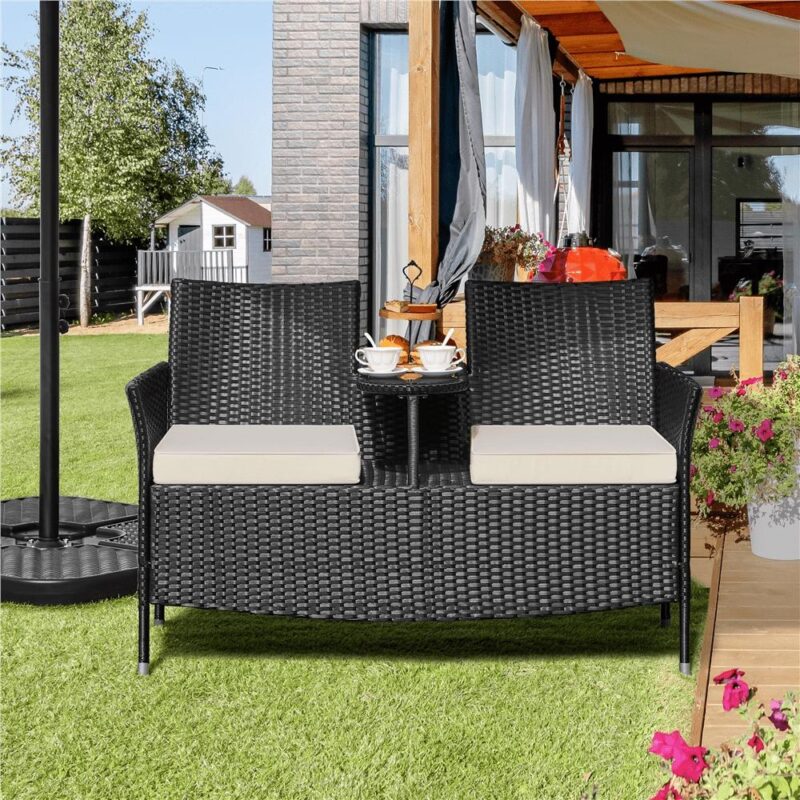 Alden Design Wicker Patio Conversation Furniture Double Chairs with Side Table for Garden, Black - Image 2