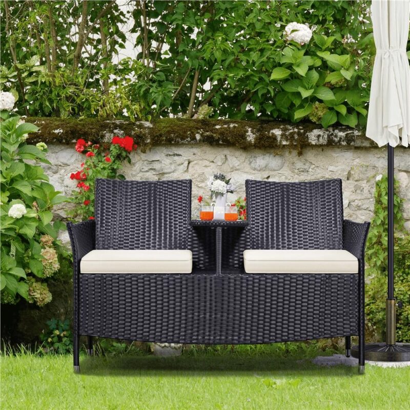 Alden Design Wicker Patio Conversation Furniture Double Chairs with Side Table for Garden, Black - Image 5