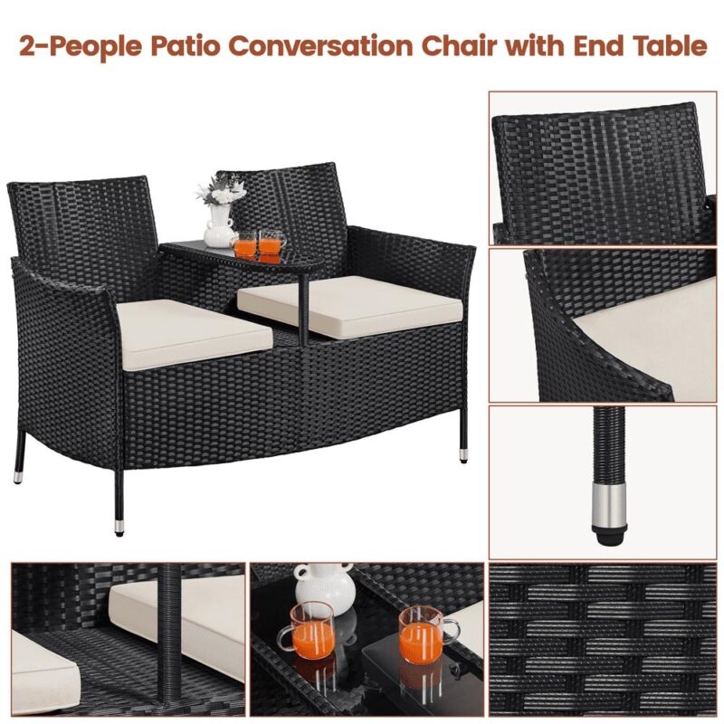 Alden Design Wicker Patio Conversation Furniture Double Chairs with Side Table for Garden, Black - Image 4