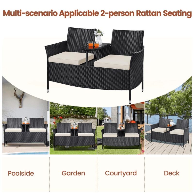 Alden Design Wicker Patio Conversation Furniture Double Chairs with Side Table for Garden, Black - Image 7