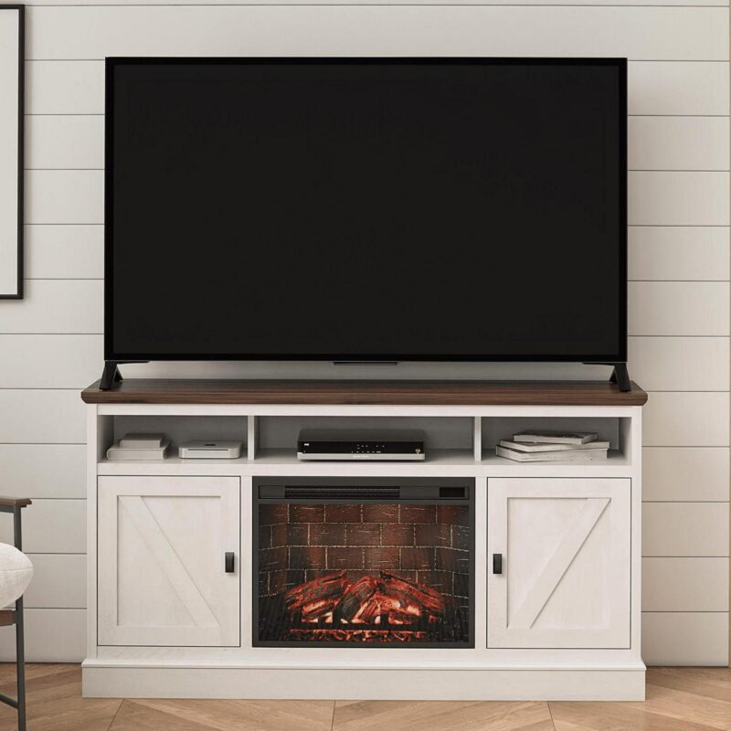 Ameriwood Home Ashton Lane Electric Fireplace TV Stand for TVs up to 65 , Magnolia Oak/Columbia Walnut