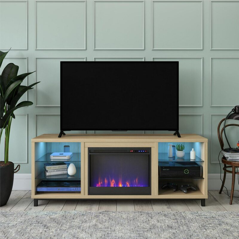 Ameriwood Home Fendall Deluxe Fireplace TV Stand for TVs up to 70 , Blonde Oak