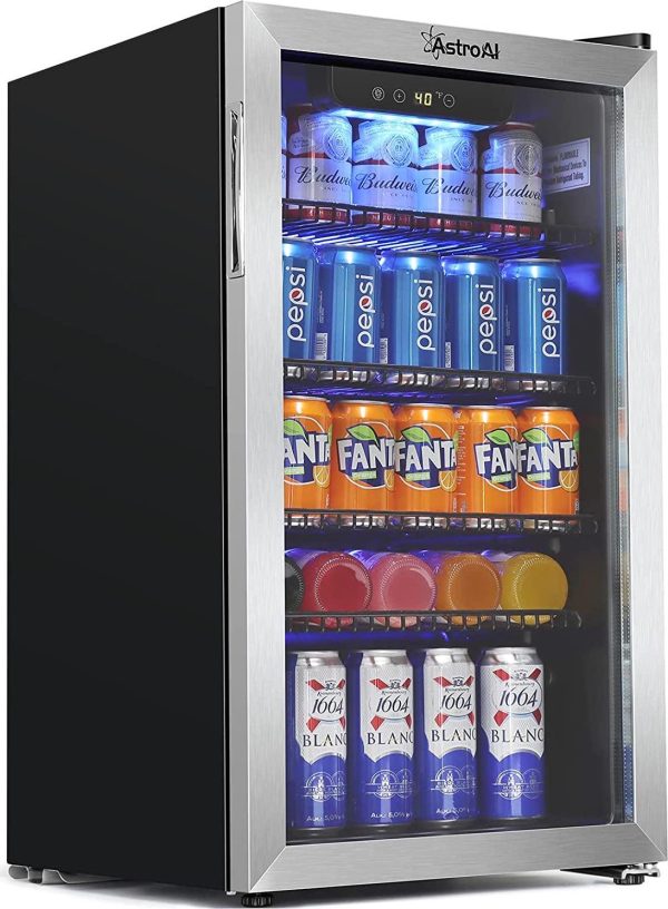 AstroAI Beverage Refrigerator and Cooler with Temperature Control - 120 Can Mini Fridge with Glass Door for Beer Soda or Wine - Drink Fridge for Office/Bar with Reversible Door and Removable Shelves