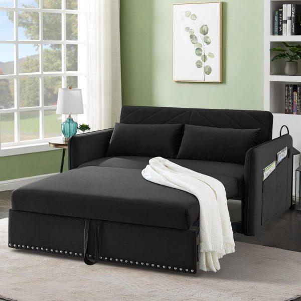 Aukfa 3 in 1 Convertible Sleeper Sofa Bed with 2 Pillows and USB Port, 55  Velvet Loveseat Sofa, Black