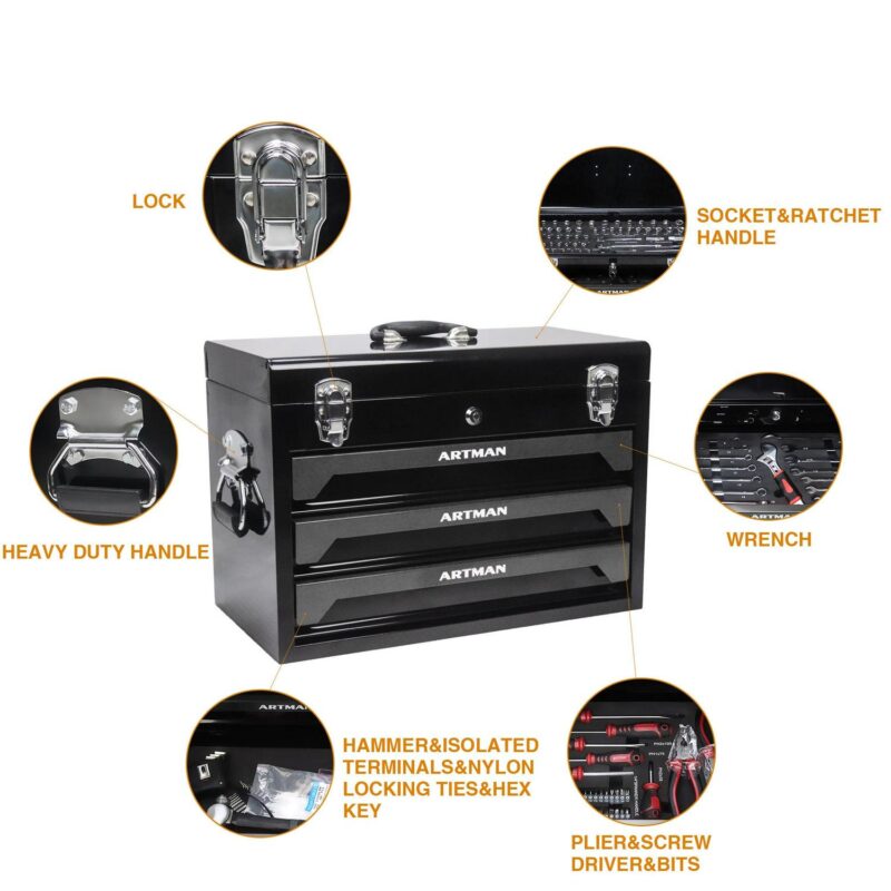 Aukfa 439-Piece Mechanics Tool Set, 3 Drawer Tool Organizer Metal Box w/ Tool Kit for Home, Auto Repair, Black - Image 3