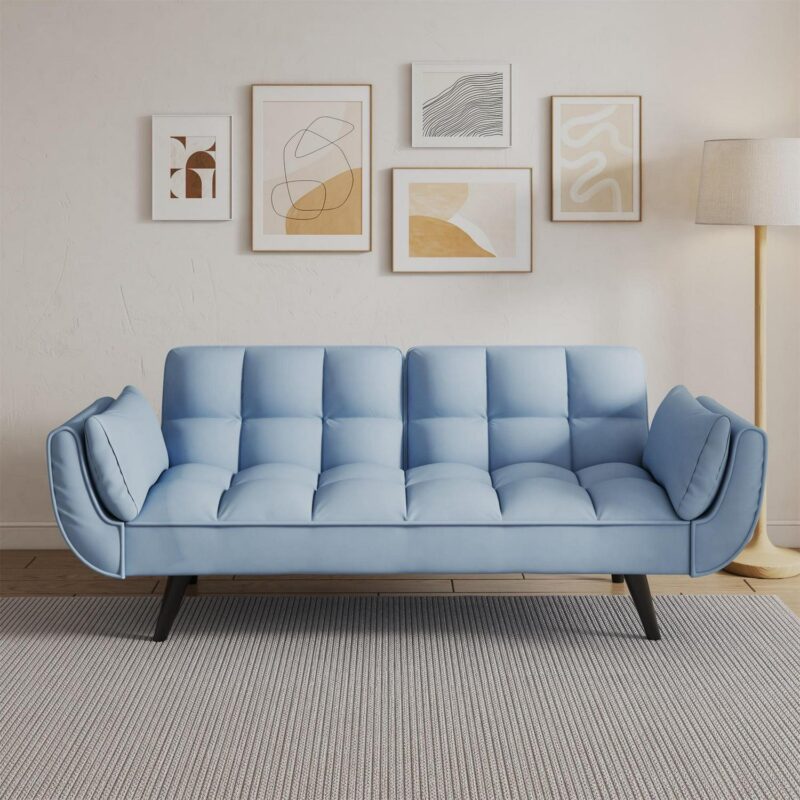 Aukfa 75  Flared Arm Futon Convertible Sofa Bed, Curved Sleeper Sofa for Home Office, Blue