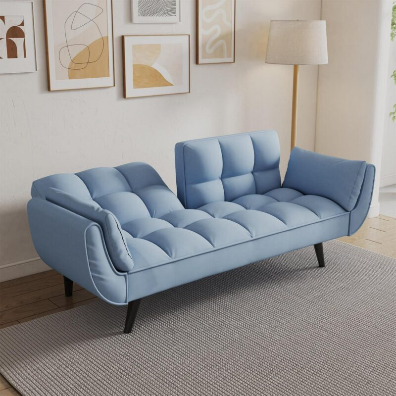 Aukfa 75  Flared Arm Futon Convertible Sofa Bed, Curved Sleeper Sofa for Home Office, Blue - Image 10