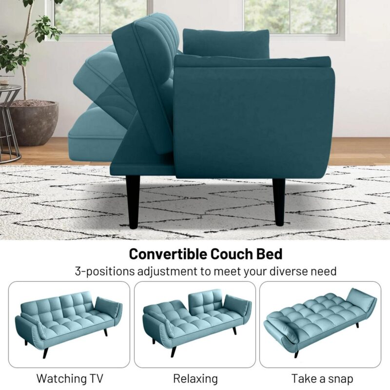Aukfa 75  Flared Arm Futon Convertible Sofa Bed, Curved Sleeper Sofa for Home Office, Blue - Image 3