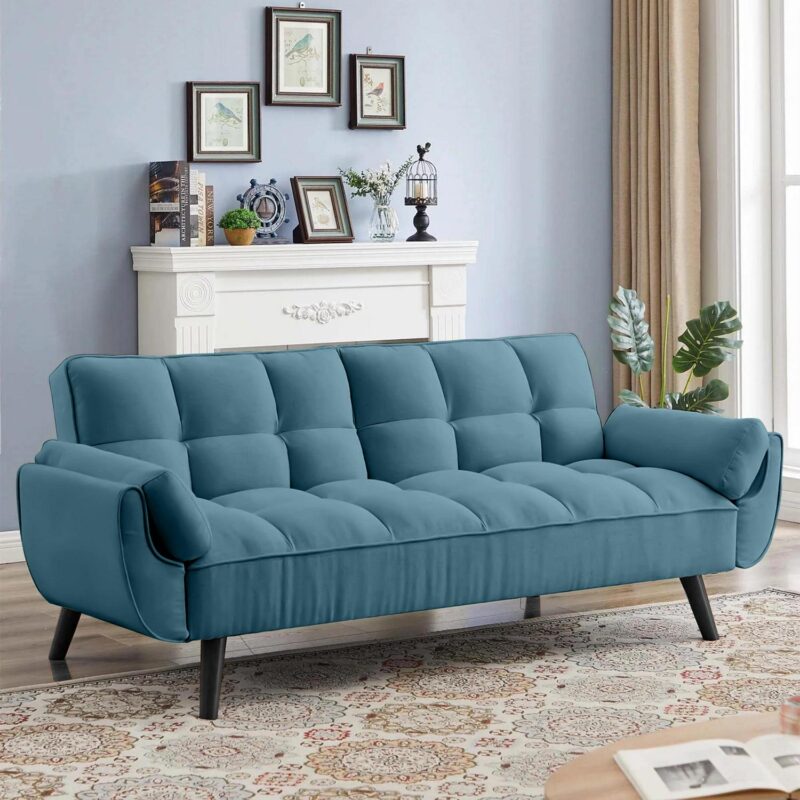 Aukfa 75  Flared Arm Futon Convertible Sofa Bed, Curved Sleeper Sofa for Home Office, Blue - Image 7