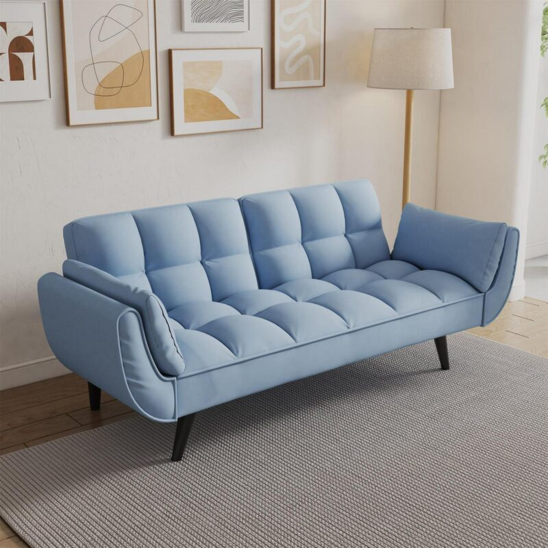 Aukfa 75  Flared Arm Futon Convertible Sofa Bed, Curved Sleeper Sofa for Home Office, Blue - Image 9