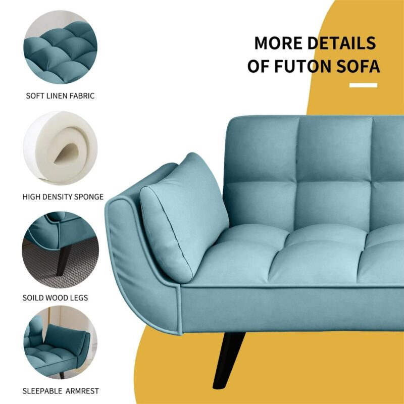Aukfa 75  Flared Arm Futon Convertible Sofa Bed, Curved Sleeper Sofa for Home Office, Blue - Image 4