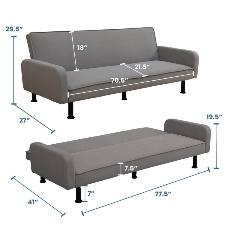 Aukfa 78  Square Arm Futon Sofa Bed Upholstered 3 Seat Couch for Home Office, Flannel, Gray - Image 5