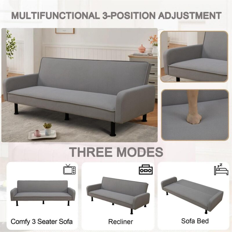 Aukfa 78  Square Arm Futon Sofa Bed Upholstered 3 Seat Couch for Home Office, Flannel, Gray - Image 4