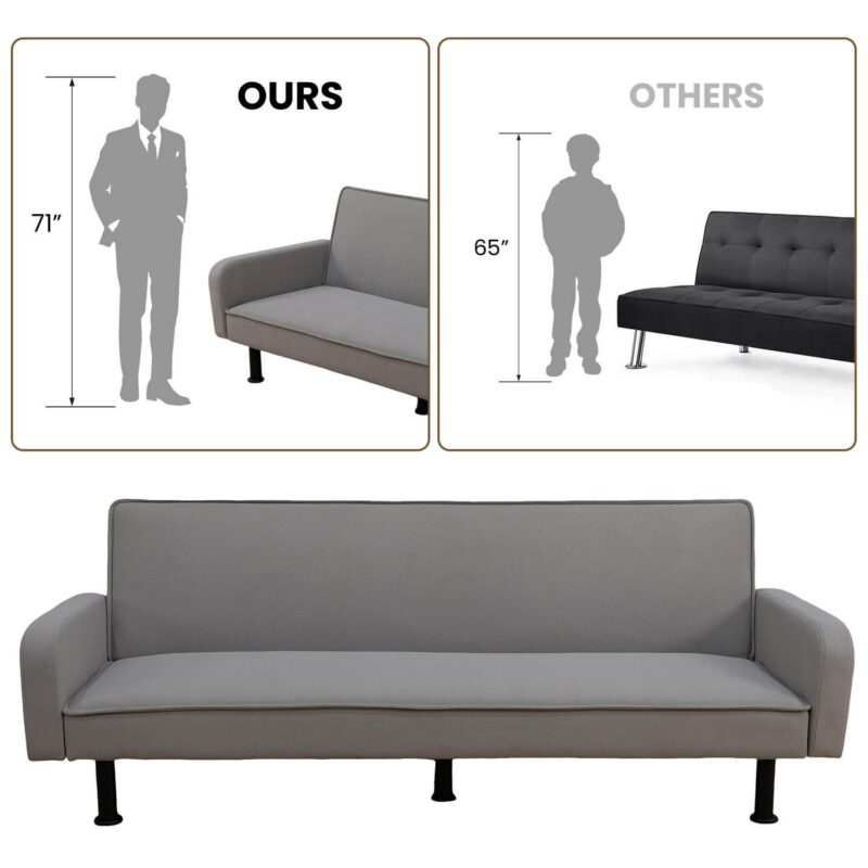 Aukfa 78  Square Arm Futon Sofa Bed Upholstered 3 Seat Couch for Home Office, Flannel, Gray - Image 3