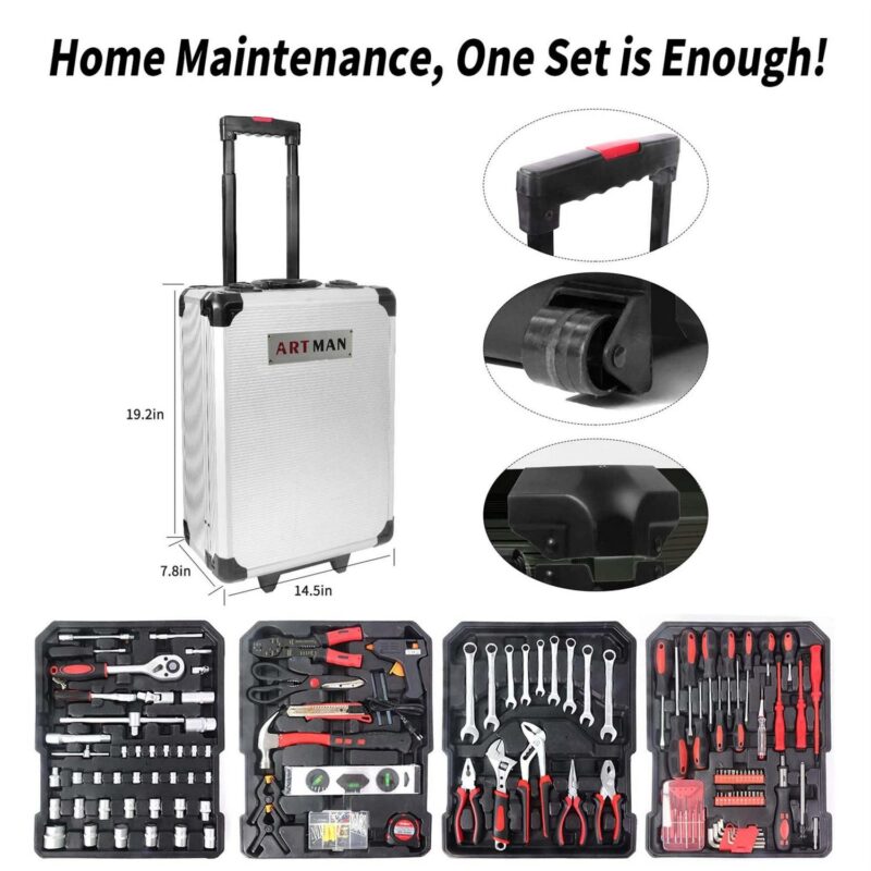 Aukfa 899 Pcs Tool Set, Household Tool Kit with Rolling Tool Box for Home Auto Repair, Silver - Image 3