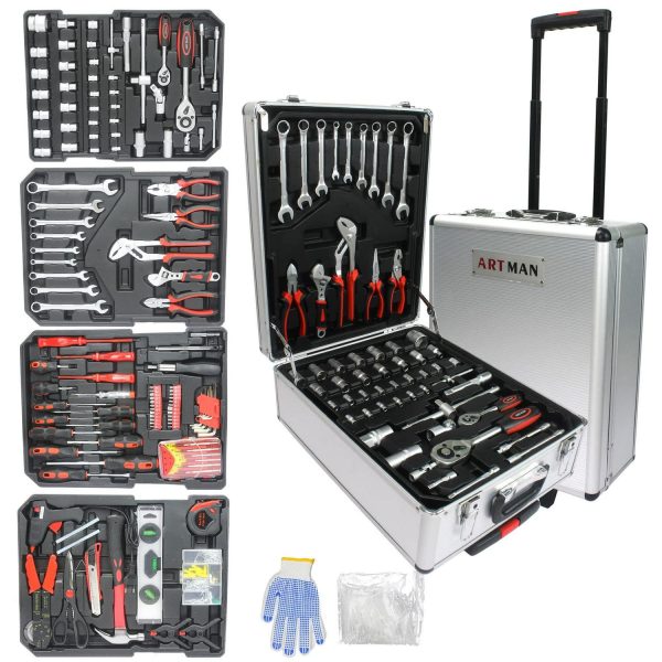 Aukfa 899 Pcs Tool Set, Household Tool Kit with Rolling Tool Box for Home Auto Repair, Silver