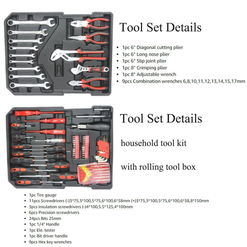 Aukfa 899 Pcs Tool Set, Household Tool Kit with Rolling Tool Box for Home Auto Repair, Silver - Image 7