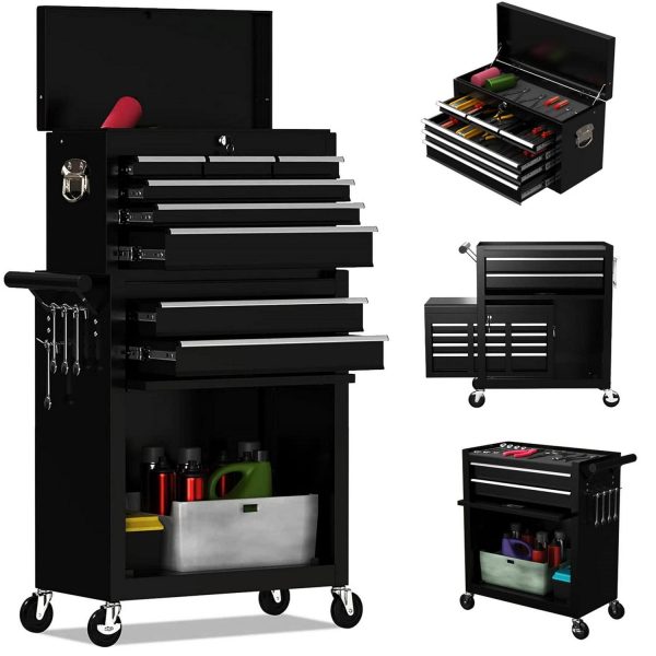 Aukfa Caja de Herramientas, Cofre de Herramientas con Ruedas de Acero 2 en 1 y Gabinete con Ruedas para Garaje, 8 Cajones, Negro