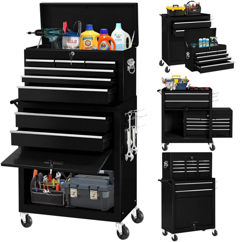 Aukfa Caja de Herramientas, Cofre de Herramientas con Ruedas de Acero 2 en 1 y Gabinete con Ruedas para Garaje, 8 Cajones, Negro - Image 13